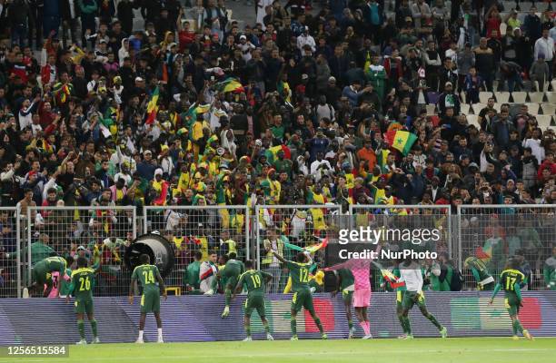 Senegal's players celebrate after winning the U17 Africa Cup of Nations final match between Senegal and Morocco at Nelson Mandela Stadium in Algiers,...