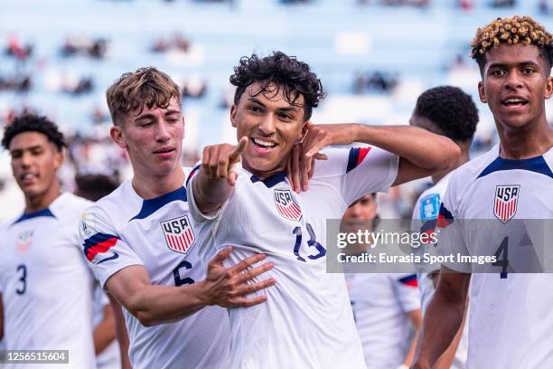 Jonathan Gomez of United States celebrating his goal with his teammates Daniel Edelman and Joshua Wynder during FIFA U-20 World Cup Argentina 2023...