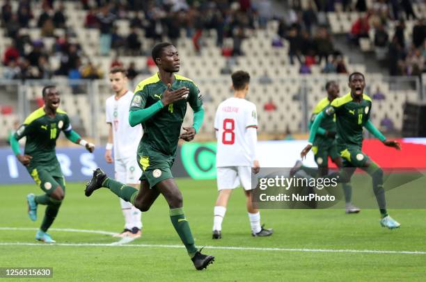 Senegal's Serigne Fallou Diouf celebrates after scoring during the U17 Africa Cup of Nations final match between Senegal and Morocco at Nelson...