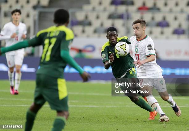 Senegal's Fallou Fall vies for the ball during the U17 Africa Cup of Nations final match between Senegal and Morocco at Nelson Mandela Stadium in...