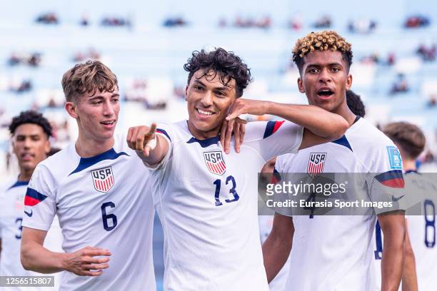Jonathan Gomez of United States celebrating his goal with his teammates Daniel Edelman and Joshua Wynder during FIFA U-20 World Cup Argentina 2023...