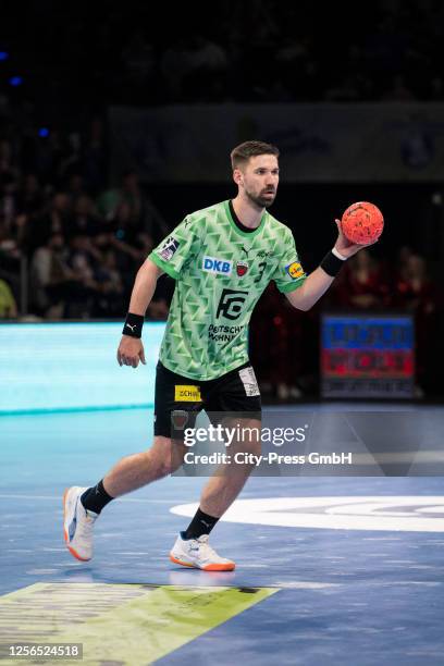 Fabian Wiede of the Fuechsen Berlin during the match between the Fuechsen Berlin and GWD Minden on May 20, 2023 in Berlin, Germany.