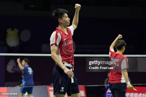 Feng Yanzhe and Huang Dongping of China compete in the Mixed Doubles semi-final match against Kyohei Yamashita and Naru Shinoya of Japan on day seven...