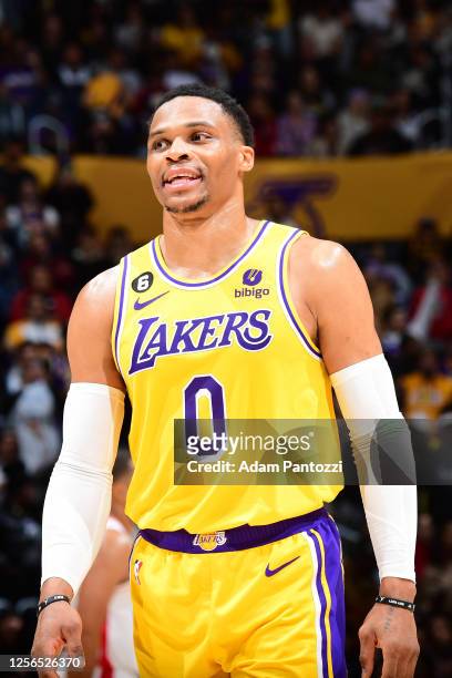Russel Westbrook of the Los Angeles Lakers looks on during the game against the Houston Rockets on January 16, 2023 at Crypto.Com Arena in Los...