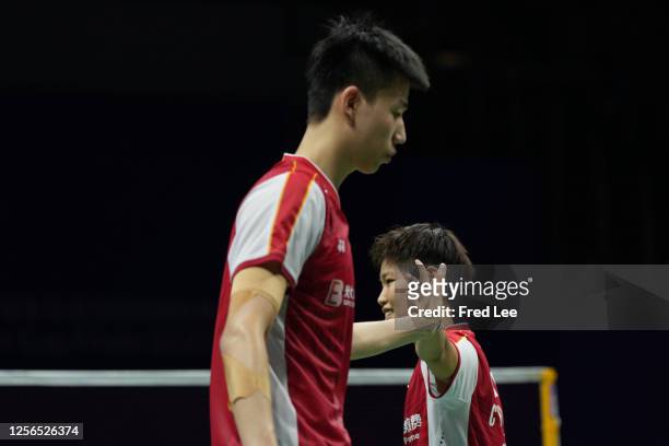 Feng Yanzhe and Huang Dongping of China compete in the Mixed Doubles semi-final match against Kyohei Yamashita and Naru Shinoya of Japan on day seven...