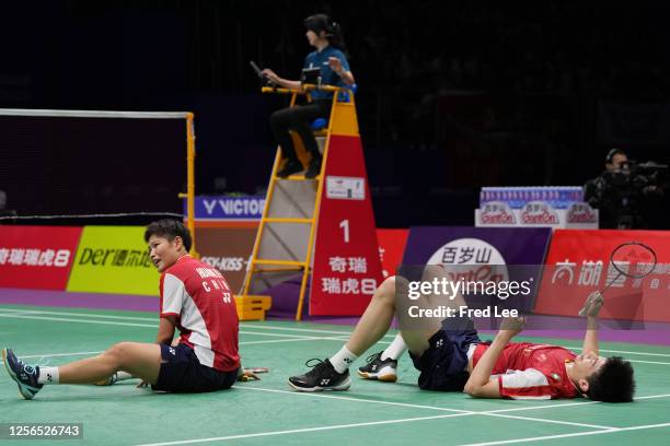 Feng Yanzhe and Huang Dongping of China compete in the Mixed Doubles semi-final match against Kyohei Yamashita and Naru Shinoya of Japan on day seven...