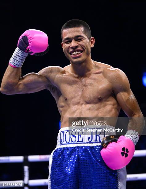 Dublin , Ireland - 20 May 2023; Jose Felix celebrates defeating Gary Cully in their lightweight bout at the 3Arena in Dublin.