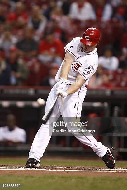 Jay Bruce of the Cincinnati Reds shatters his bat during the game against the Houston Astros on September 19, 2011 at Great American Ball Park in...