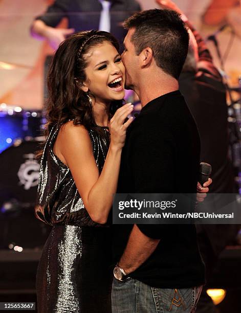 Singer Selena Gomez and "X-Factor's" Simon Cowell appear on the Tonight Show With Jay Leno at NBC Studios on September 19, 2011 in Burbank,...