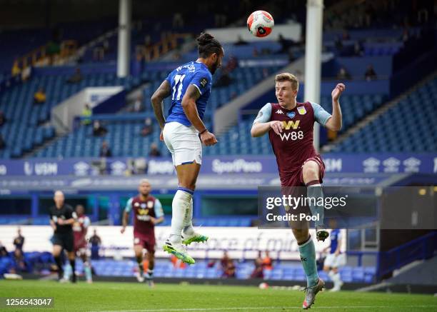 Theo Walcott of Everton scores his sides first goal during the Premier League match between Everton FC and Aston Villa at Goodison Park on July 16,...