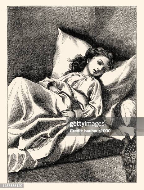 vintage, jungemädchen krank im bett, amerikanische viktorianische gravur, 1882 - spital junge stock-grafiken, -clipart, -cartoons und -symbole