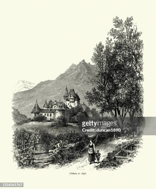 aigle castle, mountain, farmers and cart, vaud, switzerland, 19th century - aigle stock illustrations