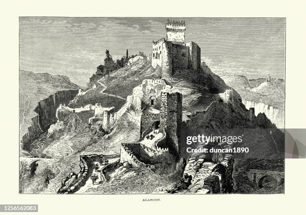 exterior, surroundings, arab castle of alarcon, cuenca, spain, 19th century - cuenca stock illustrations