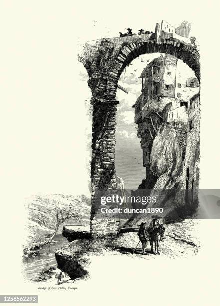 people, bridge of san pablo, cuenca, spain, 19th century - cuenca stock illustrations