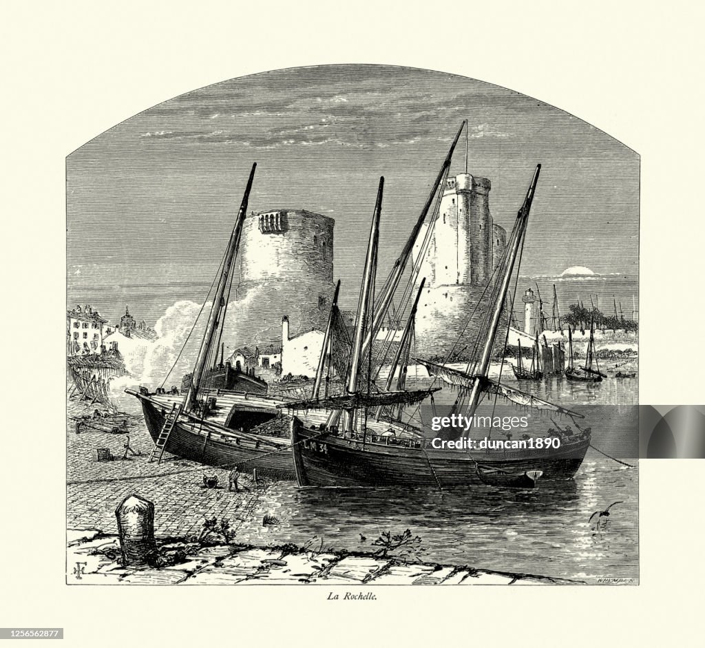 Schepen aangemeerd in de haven, La Rochelle, Frankrijk, 19e eeuw