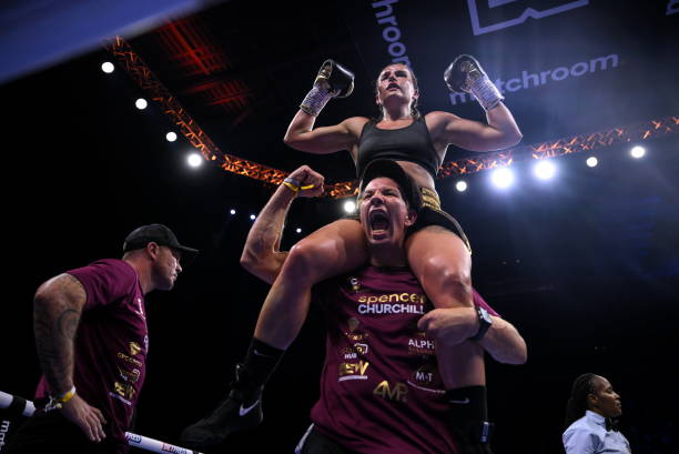 Dublin , Ireland - 20 May 2023; Chantelle Cameron celebrates with coach Nigel Travis after defeating Katie Taylor in their undisputed super...