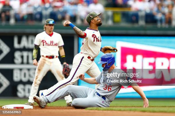 May 20: Shortstop Edmundo Sosa of the Philadelphia Phillies gets Trey Mancini of the Chicago Cubs on a force out hits by Patrick Wisdom during the...