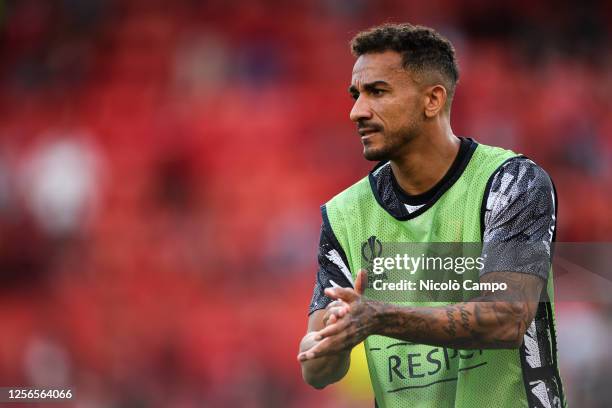 Danilo Luiz da Silva of Juventus FC gestures during warm up prior to the UEFA Europa League semifinal second leg football match between Sevilla FC...