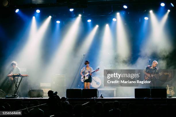 Zippo, Isabel Cea and Rodrigo Caamaño of Triangulo de Amor Bizarro perform on stage at La Riviera as part of the Live Nation's Crew Nation charity...