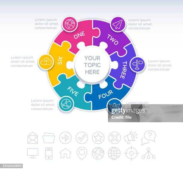 sechs stück kreis puzzle infografik element - puzzleteile stock-grafiken, -clipart, -cartoons und -symbole