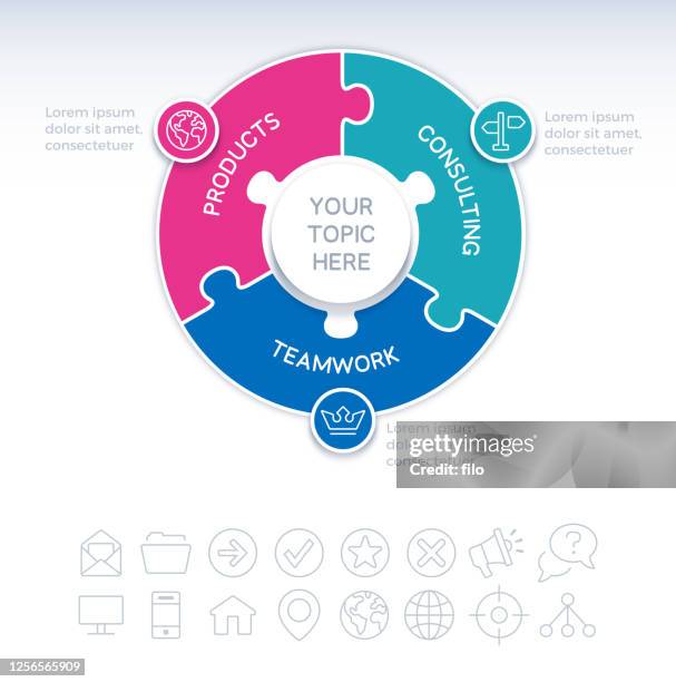 illustrations, cliparts, dessins animés et icônes de élément infographie du puzzle du cercle de trois pièces - trois objets