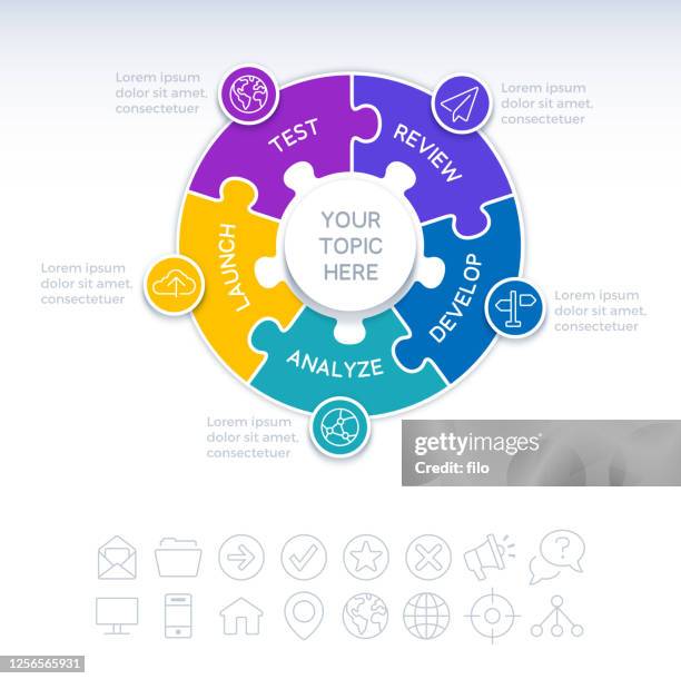 five piece circle puzzle infographic element - jigsaw puzzle stock illustrations