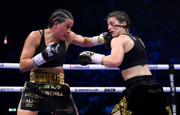 Dublin , Ireland - 20 May 2023; Katie Taylor, right, and Chantelle Cameron during their undisputed super lightweight championship fight at the 3Arena...