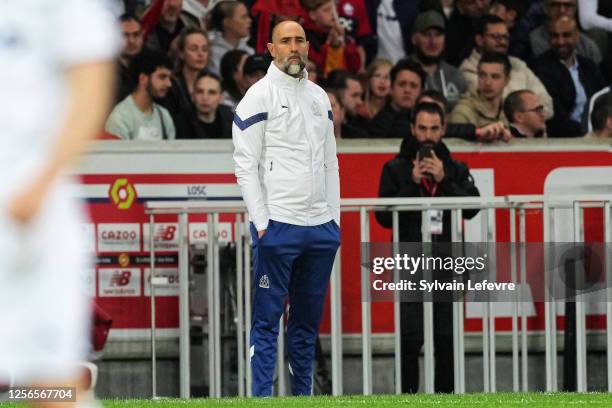 Igor Tudor, coach of Olympique de Marseille, reacts during the Ligue 1 match between Lille OSC and Olympique Marseille at Stade Pierre-Mauroy on May...