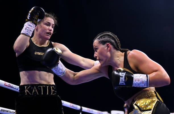 Dublin , Ireland - 20 May 2023; Katie Taylor, left, and Chantelle Cameron during their undisputed super lightweight championship fight at the 3Arena...