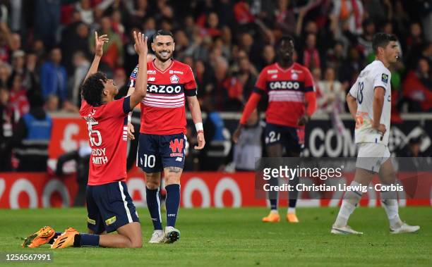Celebration of Lille OSC in action during the French Ligue 1 soccer match between Lille OSC and Olympique de Marseille at Stade Pierre Mauroy on May...