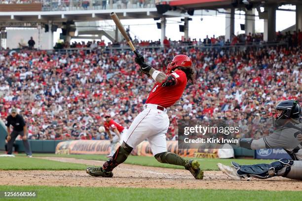 Jonathan India of the Cincinnati Reds fouls the ball off of his knee during the ninth inning of the game against the New York Yankees at Great...