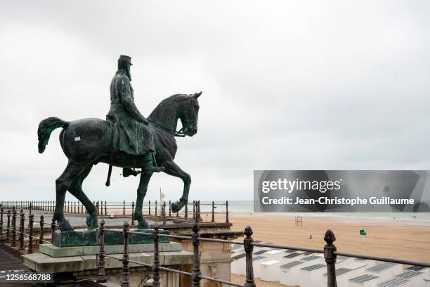 Monumental statue of Leopold II horseman, seen on the seafront on July 14, 2020 in Oostende, Belgium. In recent years momentum has gathered in...