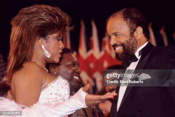 Ebet Roberts/Redferns) Mary Wilson of The Supremes and Berry Gordy of Motown Records at the 1988 Rock & Roll Hall Of Fame awards ceremony at the...