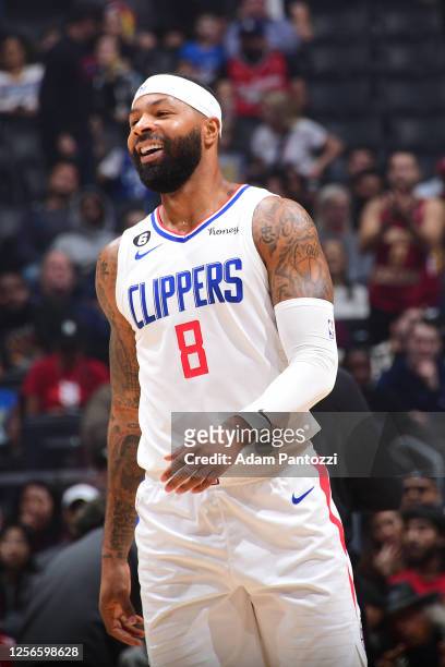 Marcus Morris Sr. #8 of the LA Clippers smiles during the game against the Indiana Pacers on November 27, 2022 at Crypto.Com Arena in Los Angeles,...