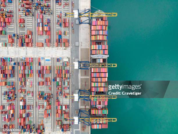 aerial view of cargo ship in transit.  transport ship parked at the sea port. - tank car stock pictures, royalty-free photos & images