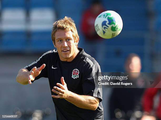 Jonny Wilkinson, passes the ball during an England IRB Rugby World Cup 2011 training session at Carisbrook on September 20, 2011 in Dunedin, New...