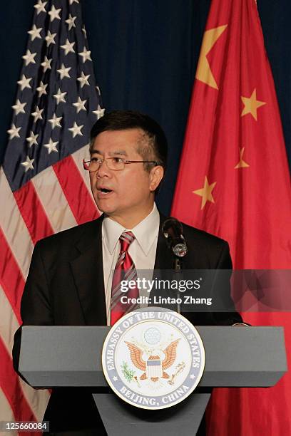 Ambassador to China Gary Locke speak during the membership of the American Chamber of Commerce in China and the U.S.-China Business Council at the...