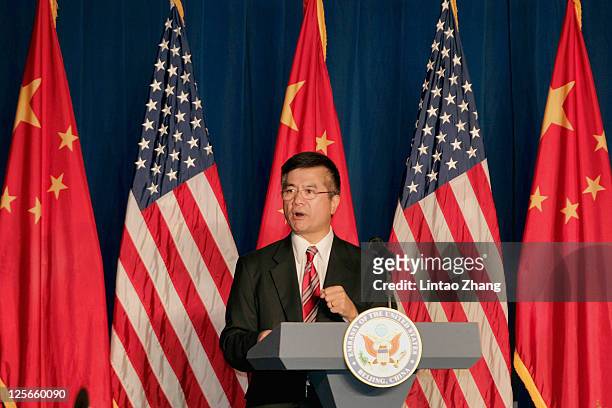 Ambassador to China Gary Locke speak during the membership of the American Chamber of Commerce in China and the U.S.-China Business Council at the...