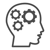 Gears in head line icon, idea and innovation concept, human mind and three cogs sign on white background, Human head with set of gears icon in outline style for mobile, web. Vector graphics.