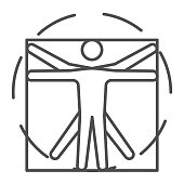 Leonardo Da Vinci Vitruvian Man thin line icon, science concept, Human body in circle and square sign on white background, classic proportion man form icon in outline style. Vector graphics.