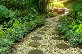 Circle shape of pattern walkway stepping sand stone on white gravel in a backyard garden of lush greenery plant,  shrub and trees