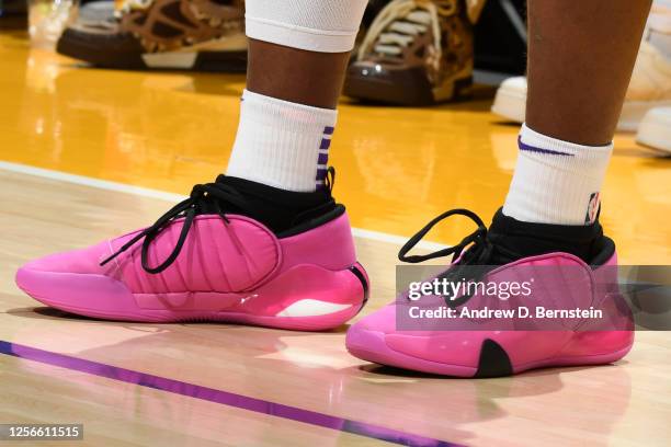 The sneakers worn by Lonnie Walker IV of the Los Angeles Lakers during Game 3 of the 2023 NBA Playoffs Western Conference Finals on May 20, 2023 at...