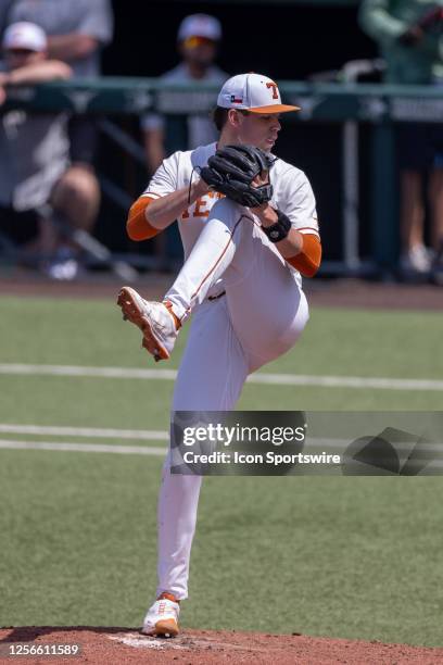 Texas pitcher Tanner Witt winds up for a pitch during the Big 12 Conference baseball game between Texas Longhorns and West Virginia Mountaineers on...