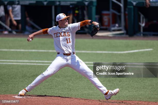 Texas pitcher Tanner Witt pitches the ball during the Big 12 Conference baseball game between Texas Longhorns and West Virginia Mountaineers on May...