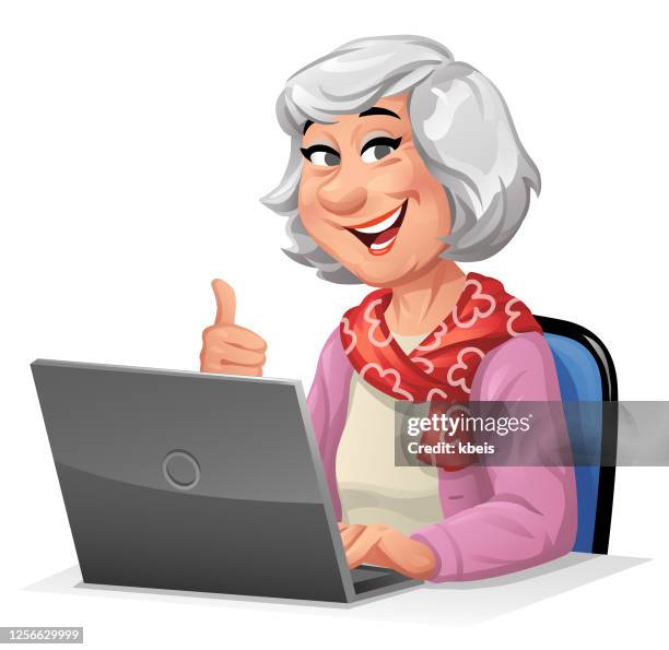 ilustraciones, imágenes clip art, dibujos animados e iconos de stock de mujer senior usando portátil - una sola mujer mayor