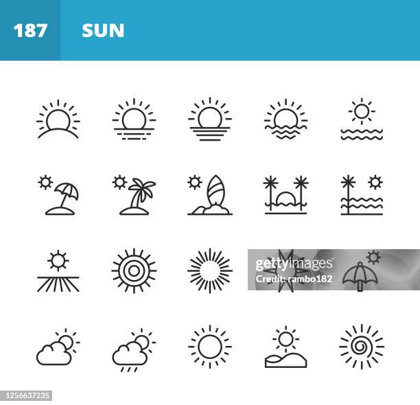 sun line icons. editable stroke. pixel perfect. for mobile and web. contains such icons as sun, sunshine, summer, holiday, beach, climate, environment, sky, energy, nature, tropics, hawaii, travel, warm, hot, heat, sunlight. - beach icon stock illustrations