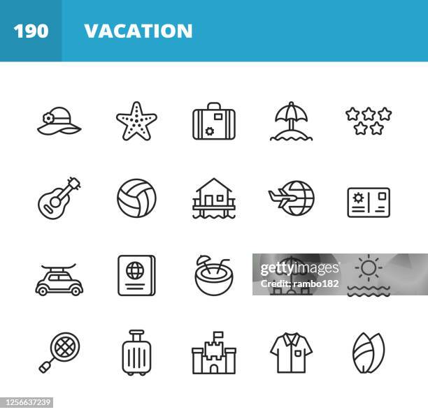 vacations and tourism line icons. editable stroke. pixel perfect. for mobile and web. contains such icons as hat, luggage, island, sea, umbrella, guitar, volleyball, travel, plane, surfing, passport, sun, sand castle, beach, tropics, hawaii, camping. - poland landscape stock illustrations