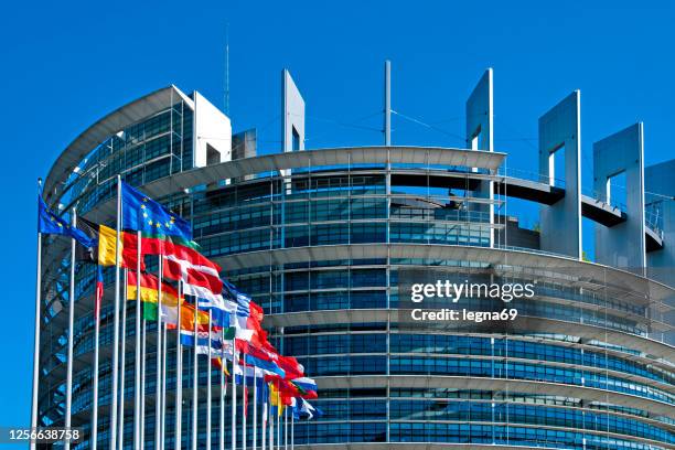 het gebouw van het europees parlement in straatsburg - europese unie vlag stockfoto's en -beelden