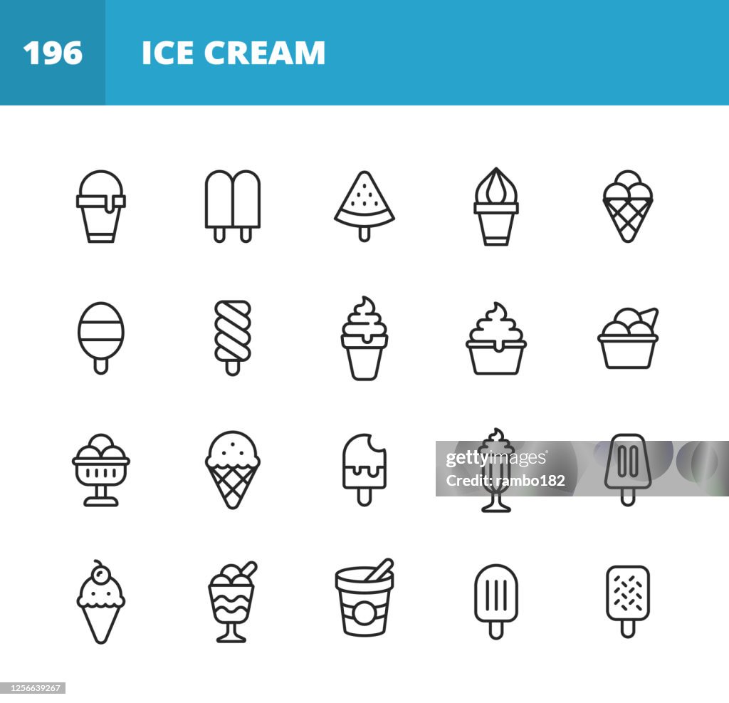 Ícones da linha de sorvete. Golpe editável. Pixel Perfeito. Para Mobile e Web. Contém ícones como Sorvete, Cone, Alimentos Congelados, Verão, Sorvete de Baunilha, Chocolate, Copa, Lanche, Sobremesa, Frutas, Laticínios, Doce Destilado, Leite, Waffle,