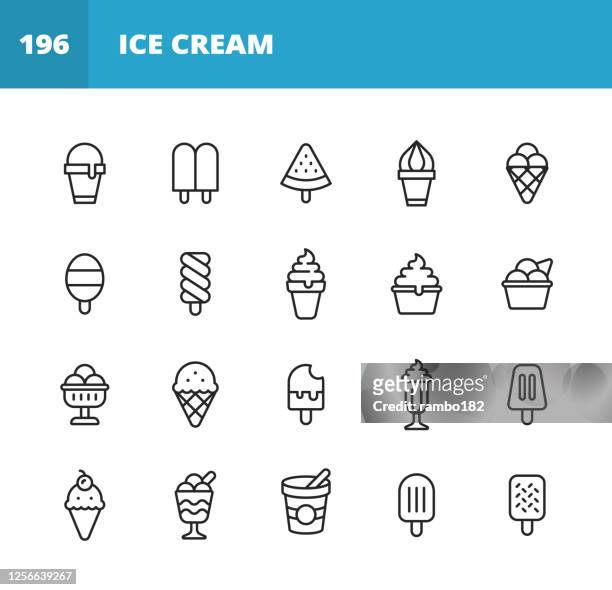 ice cream line icons. editable stroke. pixel perfect. for mobile and web. contains such icons as ice cream, cone, frozen food, summer, vanilla ice cream, chocolate, cup, snack, dessert, fruit, dairy product, sweet food, milk, waffle, watermelon, sorbet. - frozen yogurt stock illustrations